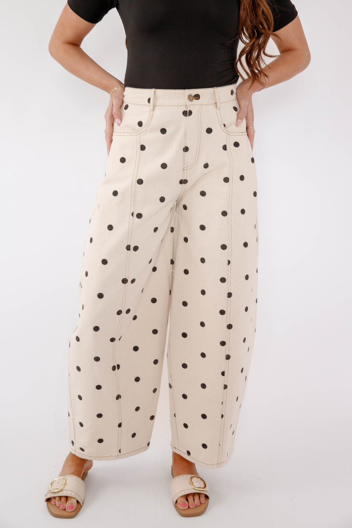 Polka Dot Wide Leg Denim Pants – Cream & Black Dotted Pants - Peach Love Cream Polk Dot Barrel Jeans