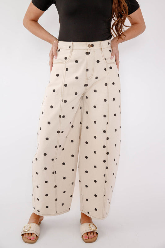 Polka Dot Wide Leg Denim Pants – Cream & Black Dotted Pants - Peach Love Cream Polk Dot Barrel Jeans
