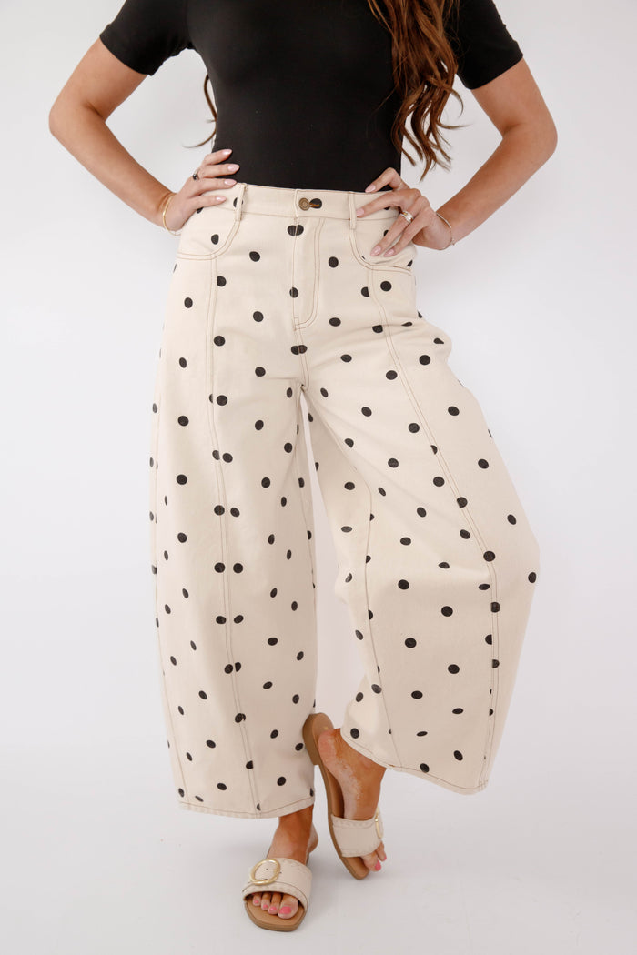 Polka Dot Wide Leg Denim Pants – Cream & Black Dotted Pants - Peach Love Cream Polk Dot Barrel Jeans