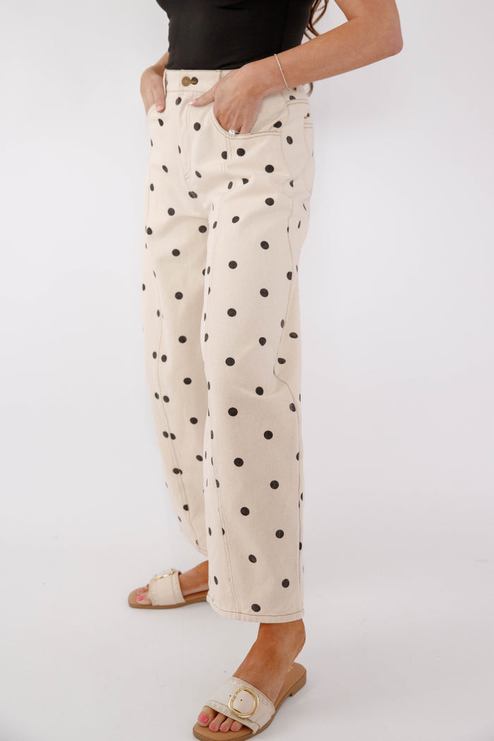 Polka Dot Wide Leg Denim Pants – Cream & Black Dotted Pants - Peach Love Cream Polk Dot Barrel Jeans