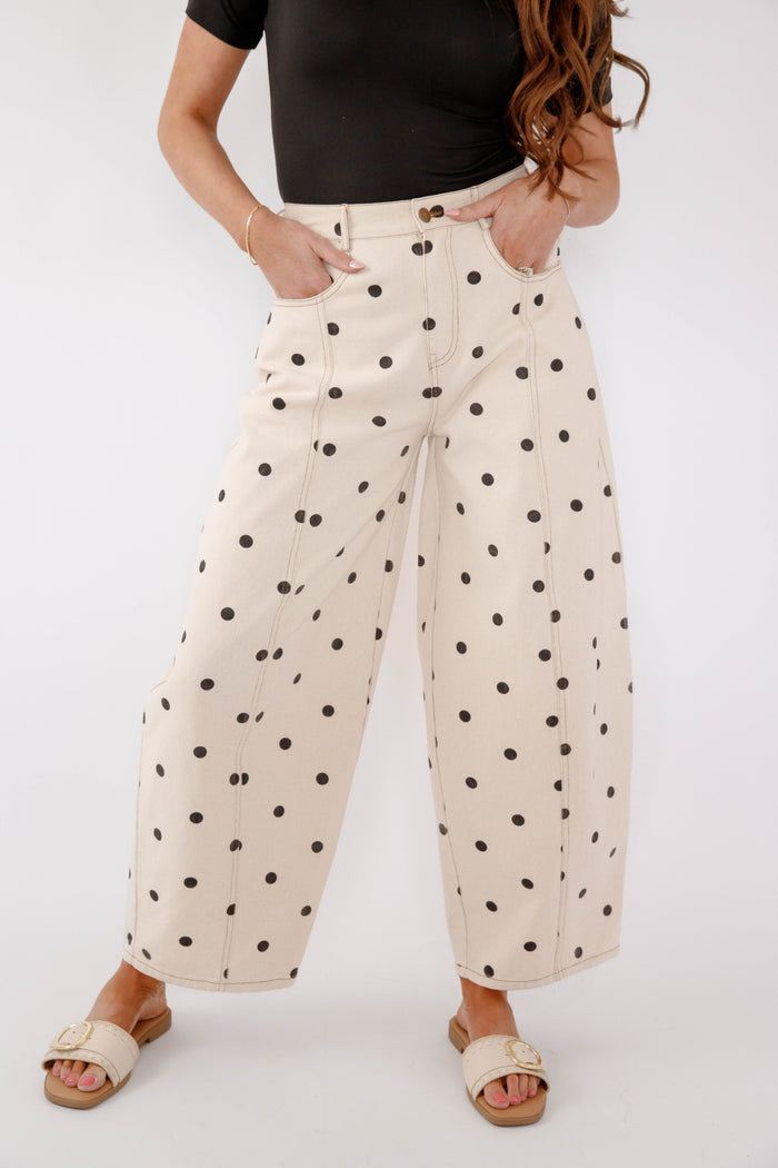 Polka Dot Wide Leg Denim Pants – Cream & Black Dotted Pants - Peach Love Cream Polk Dot Barrel Jeans