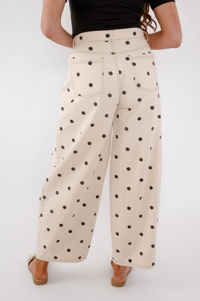 Polka Dot Wide Leg Denim Pants – Cream & Black Dotted Pants - Peach Love Cream Polk Dot Barrel Jeans