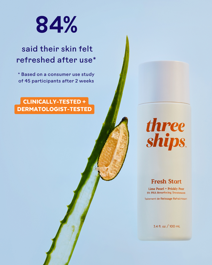 Bottle of Fresh Start Lime Pearl + Prickly Pear 5% PHA Resurfacing Treatment | Three Ships next to a sliced prickly pear cactus leaf with text highlighting 84% of users felt refreshed after two weeks and that the product is clinically and dermatologist tested.