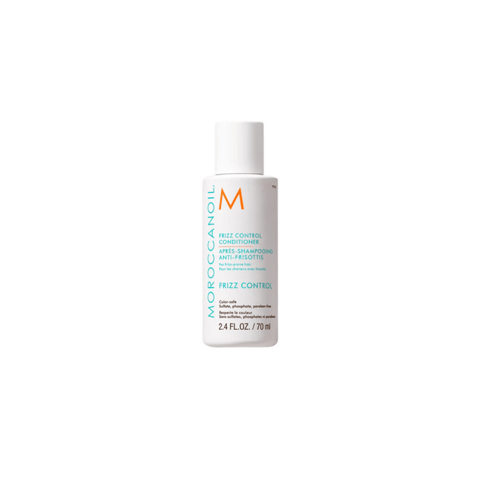 Frizz Control Conditioner | Moroccanoil bottle with white cap and turquoise and orange text, featuring a 2.4 fl oz size for hair frizz management.