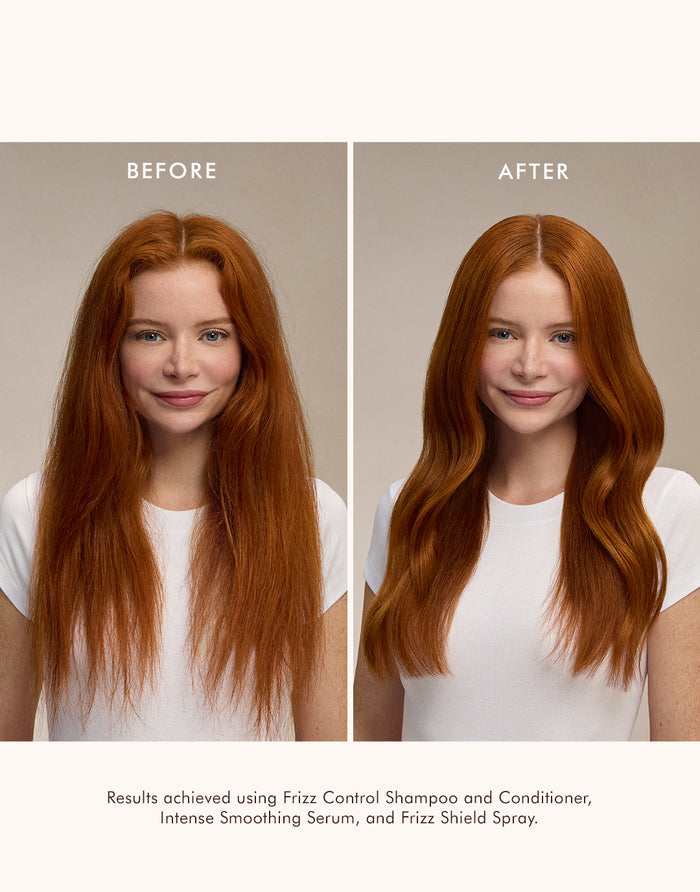 Before and after comparison of a woman with red hair showing frizzy hair transformed into smooth, glossy waves after using Frizz Control Conditioner | Moroccanoil.