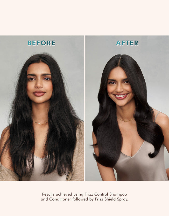 Before and after comparison of a woman with frizzy hair transformed into smooth, shiny hair after using Frizz Control Conditioner | Moroccanoil, showcasing noticeable frizz reduction and shine.