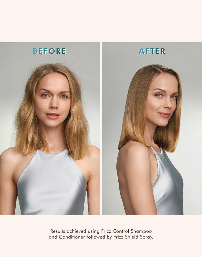 Side-by-side comparison showing a woman before and after using Frizz Control Shampoo | Moroccanoil, with visibly smoother, shinier, and frizz-free hair in the after image.