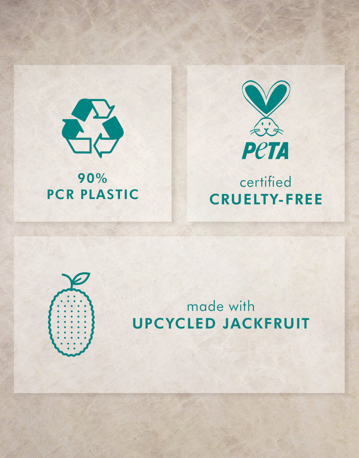 Icons highlighting Frizz Control Shampoo | Moroccanoil features including 90% PCR plastic packaging, PETA certified cruelty-free, and made with upcycled jackfruit.