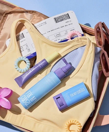Frizz Control Stick, Frizz Finishing Wand, Curl Gelly Activator Spray Bundle are on the background of sports bra, flight ticket, sunglasses and others