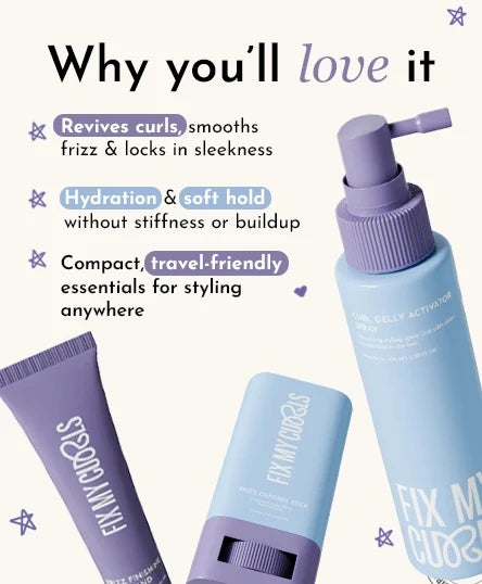 Frizz Control Stick, Frizz Finishing Wand, and Curl Gelly Activator Spray 
 with text highlighting their benefits on a white background