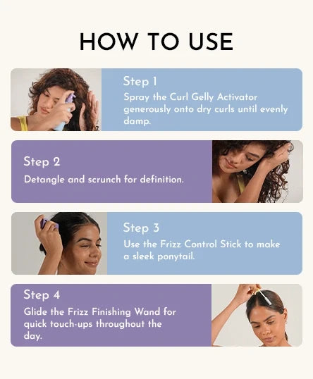 Step-by-step guide on how to use Frizz Control Stick + Frizz Finishing Wand + Curl Gelly Activator Spray Bundle with images