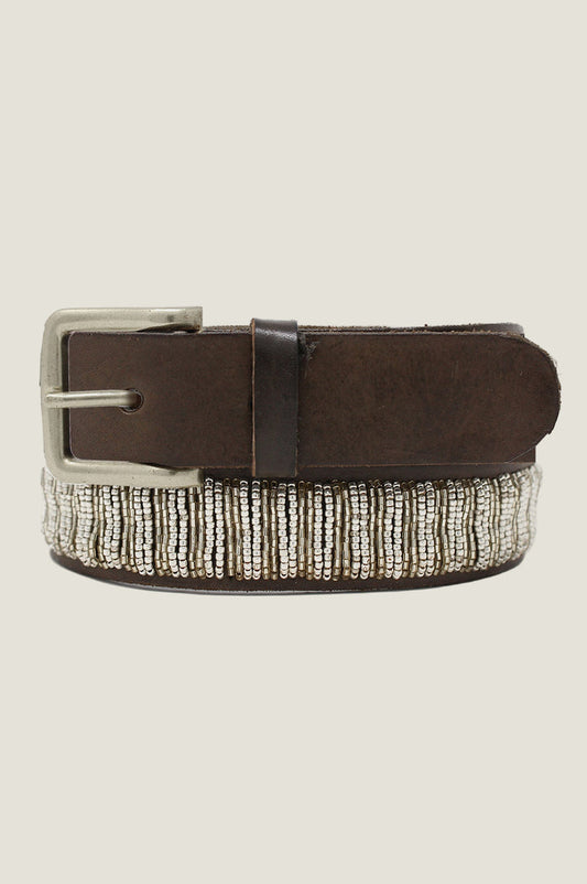 Full Beaded Leather Belt | Silver - Aspiga