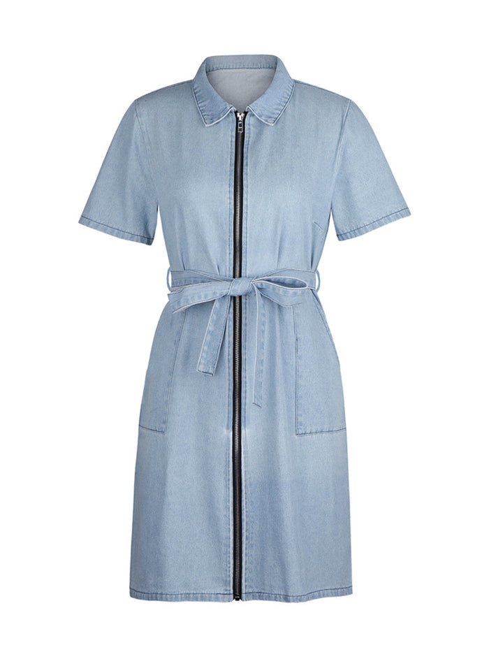 Trendsi plus size denim dress with short sleeves, front zipper, and waist tie belt in light blue