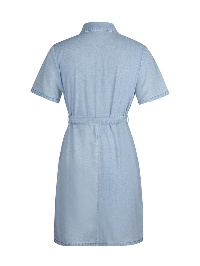 Trendsi plus size denim dress in light blue with short sleeves and belted waist shown from back