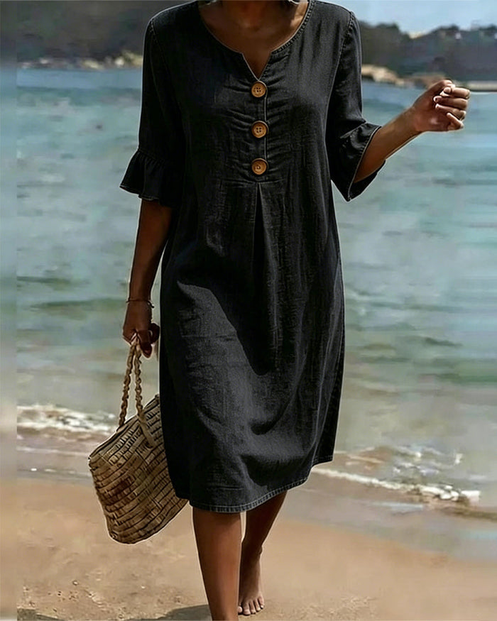 Fynorae - Robe femme jean manches volants coupe fluide été plage
