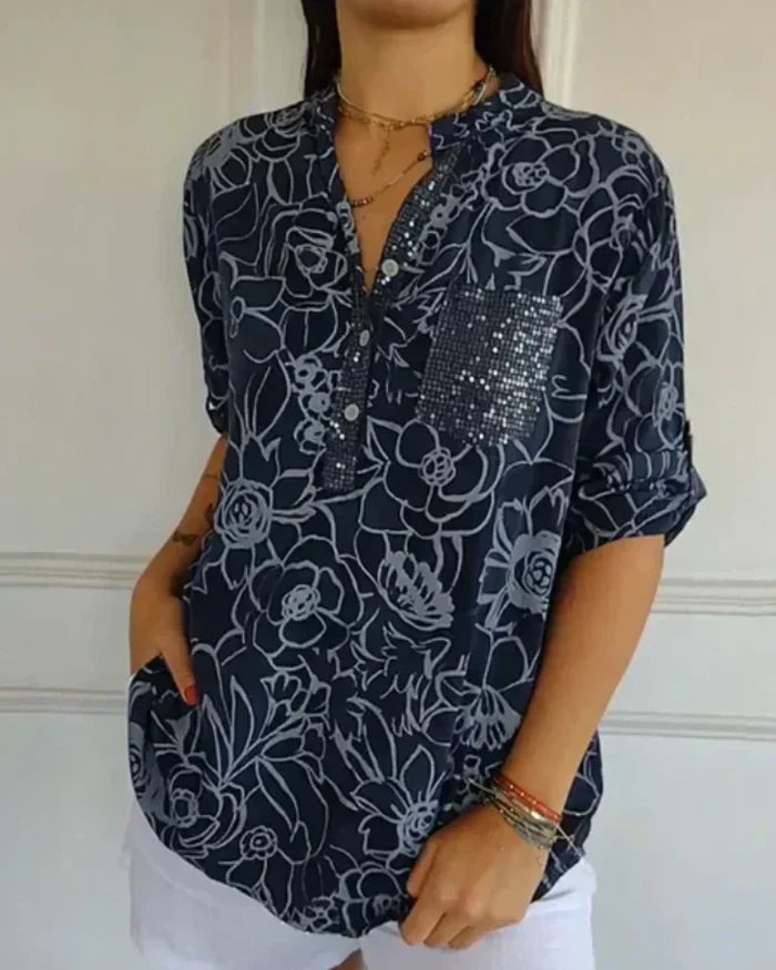 Gavira - Blouse Florale Élégante à Poche Décorative