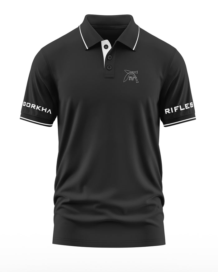 Black men's polo t-shirt with white trim, Gorkha Rifles text on sleeves, army-inspired design