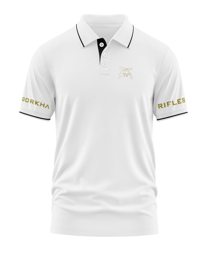 White men's polo t-shirt with black collar trim, gold Gorkha Rifles text on sleeves, and embroidered crest