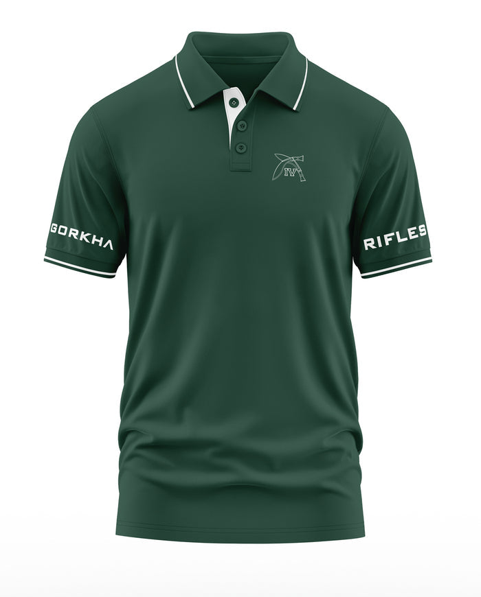 Men's green Gorkha Rifles polo t-shirt with white trim, army-inspired embroidery