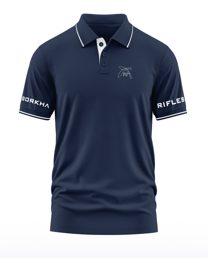Navy blue men's polo t-shirt with white piping, Gorkha Rifles text on sleeves, and chest logo