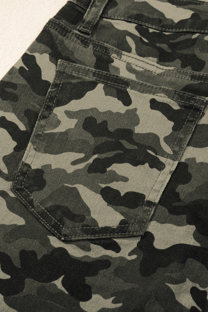 Green Camouflage Print Multi Pocketed Womens Denim Pants