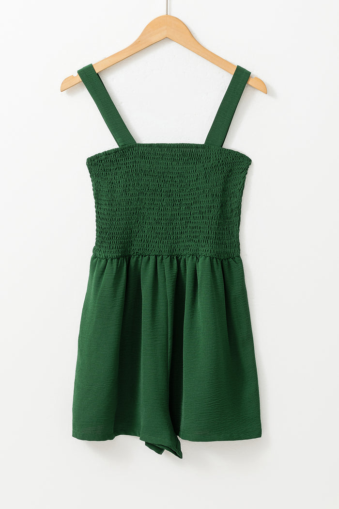 Green Casual Pocketed Smocked Sleeveless Romper