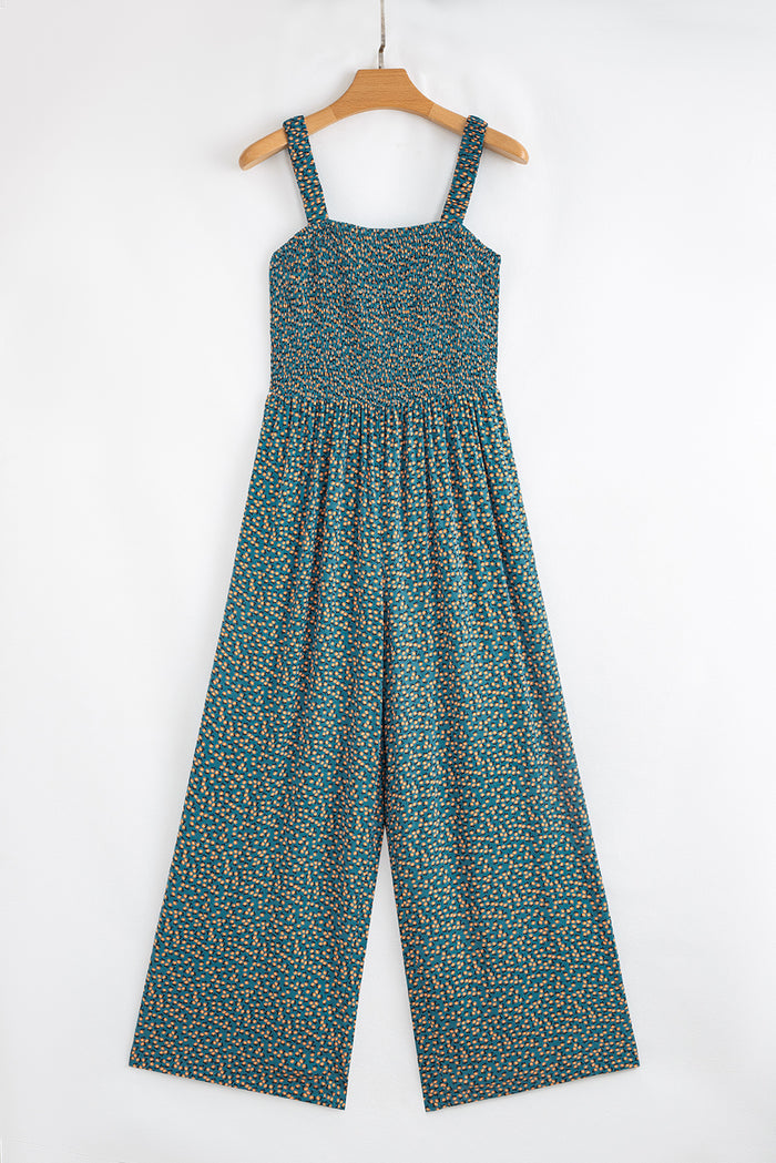 Green Floral Print Smocked High Waist Square Neck Jumpsuit