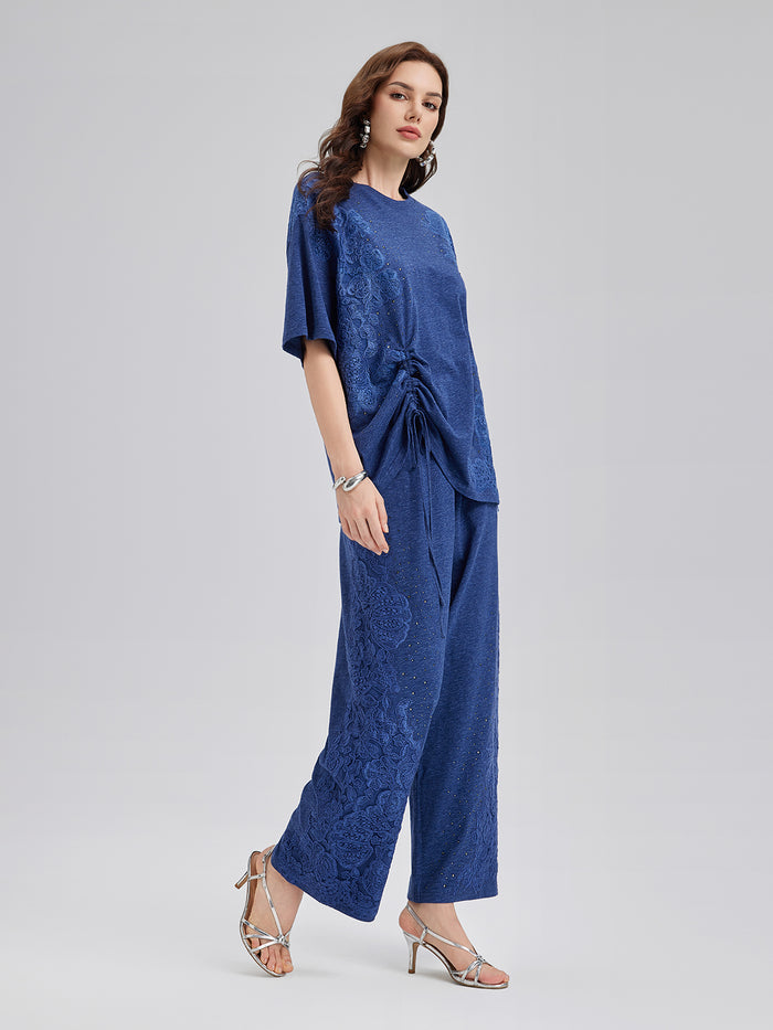 Hand-Lace Appliqué Knit Pants