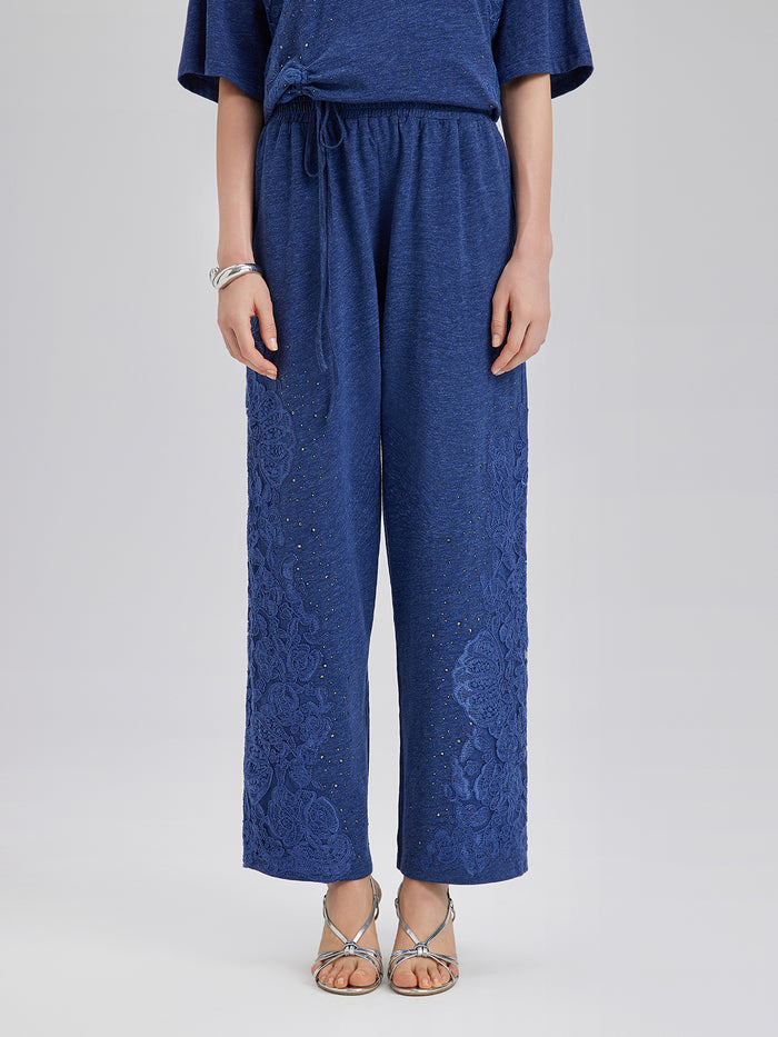 Hand-Lace Appliqué Knit Pants