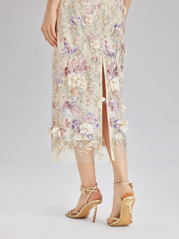 Handcrafted 3D Floral Beaded Embroidered Skirt