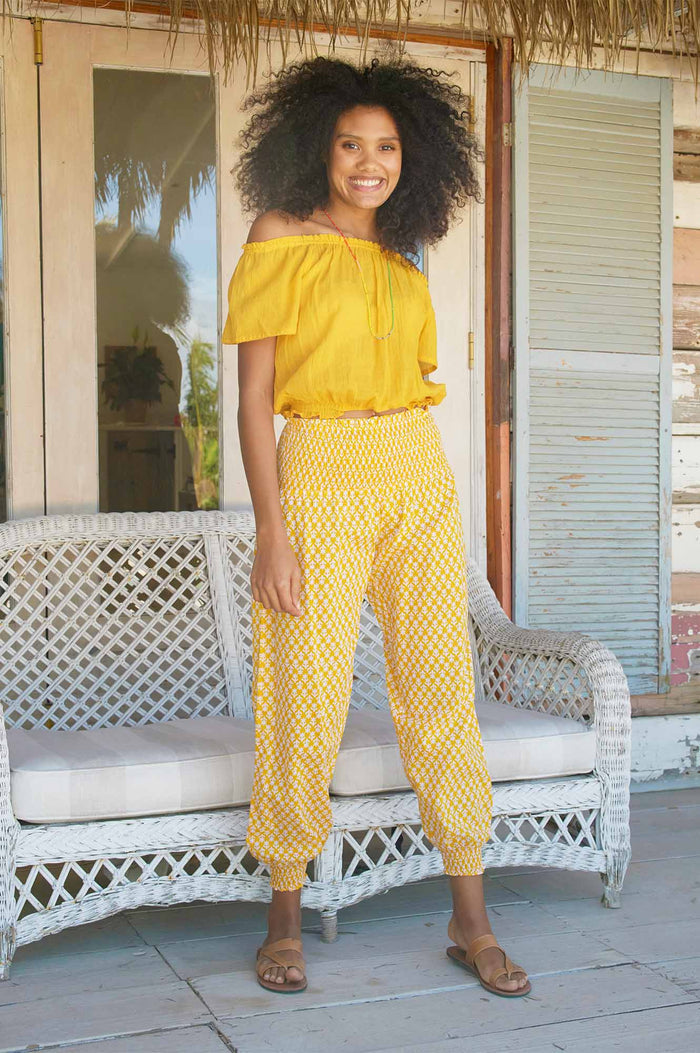 Harem Trousers | Buttercup Stamp Yellow/White - Aspiga
