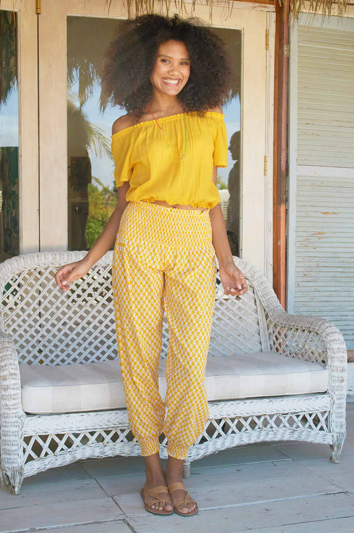 Harem Trousers | Buttercup Stamp Yellow/White - Aspiga