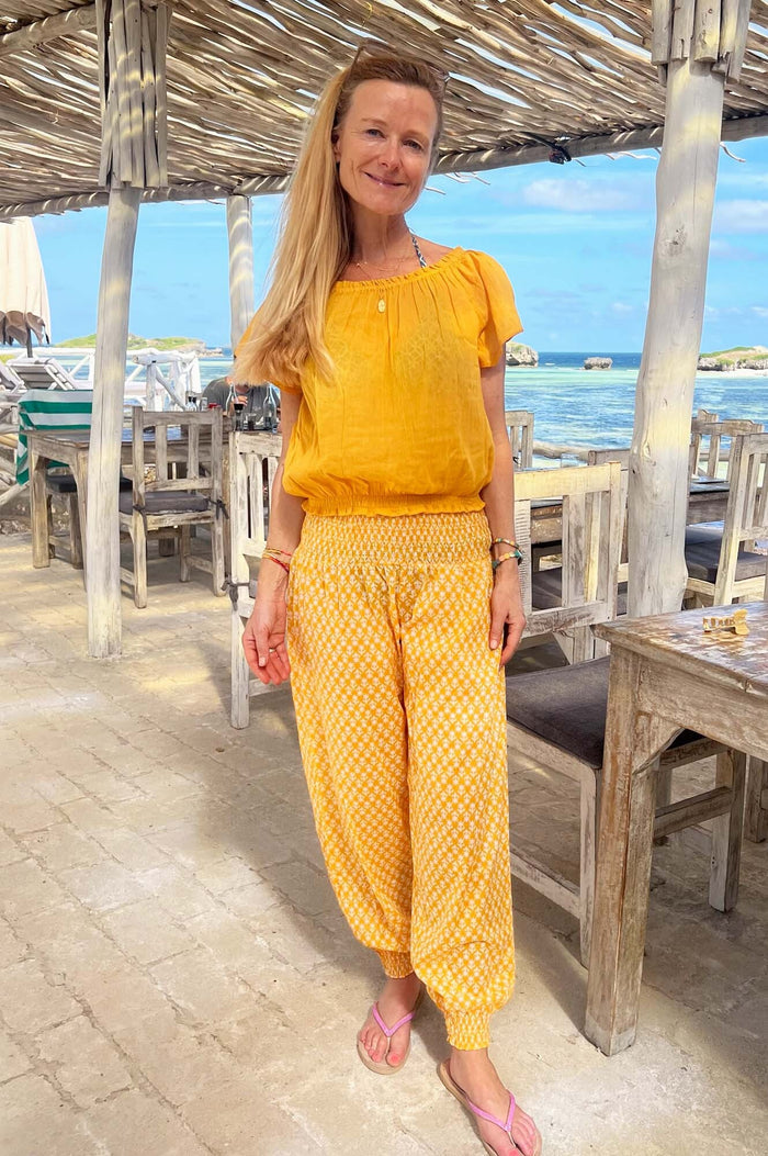 Harem Trousers | Buttercup Stamp Yellow/White - Aspiga
