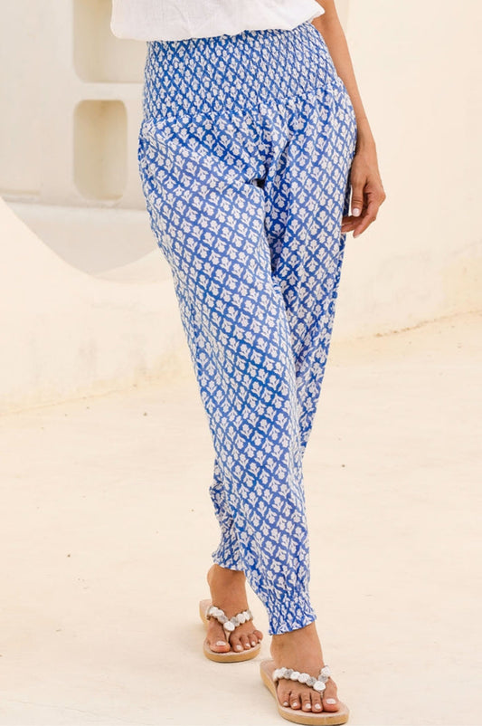 Harem Organic Cotton Trousers | Flower Stamp Cornflower/White - Aspiga
