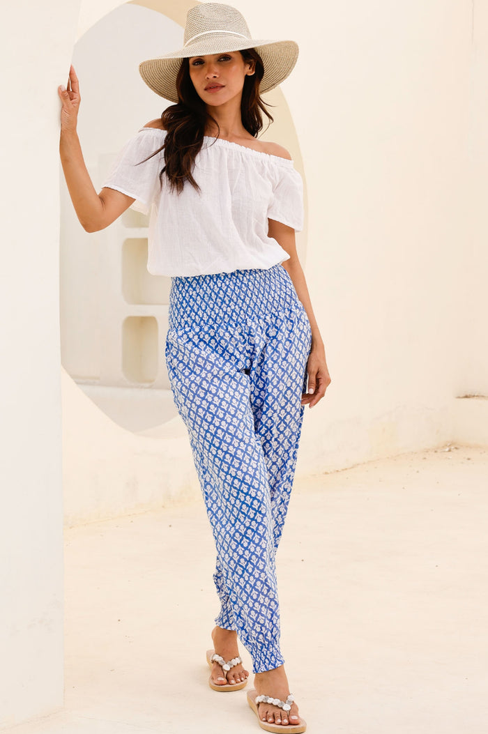 Harem Organic Cotton Trousers | Flower Stamp Cornflower/White - Aspiga