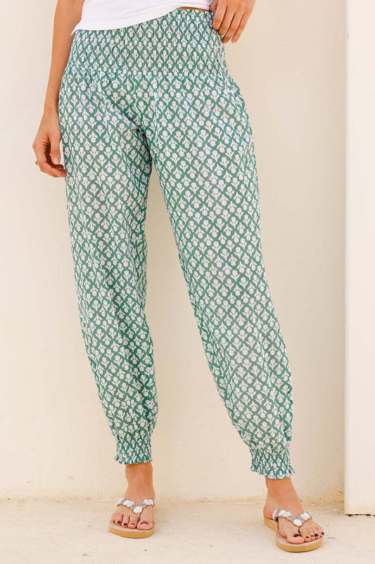 Harem Organic Cotton Trousers | Flower Stamp Sage/White - Aspiga
