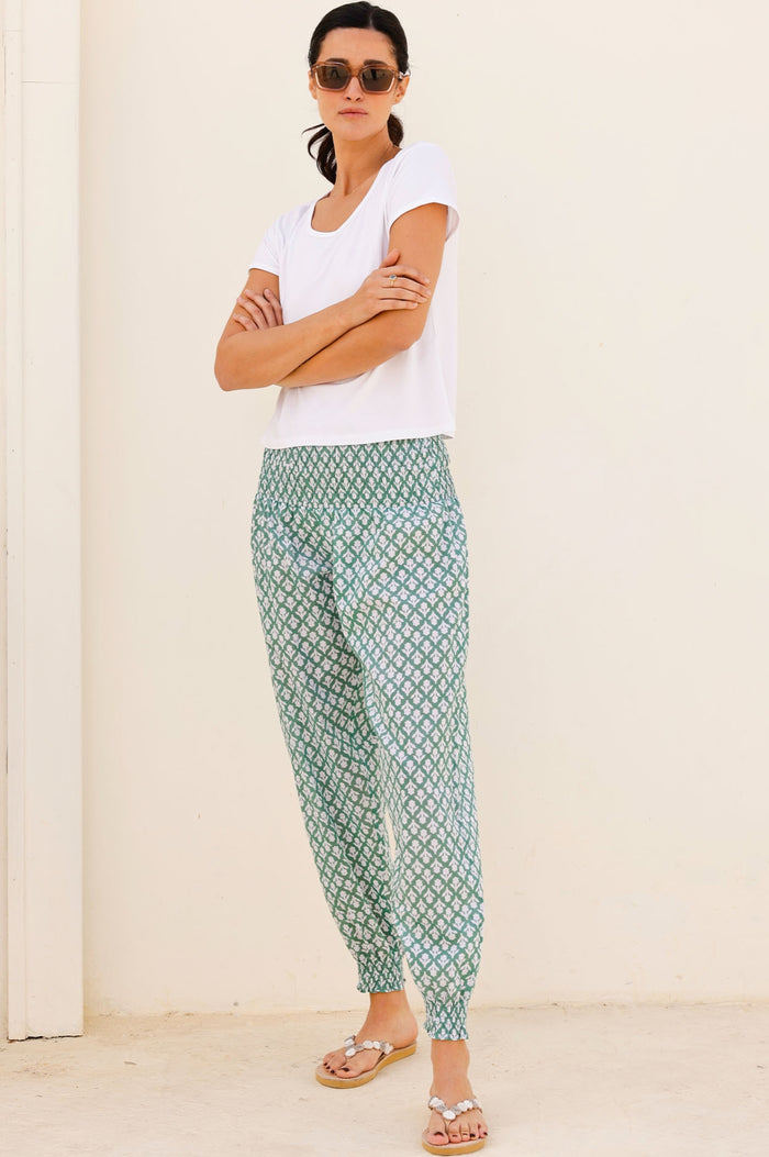 Harem Organic Cotton Trousers | Flower Stamp Sage/White - Aspiga