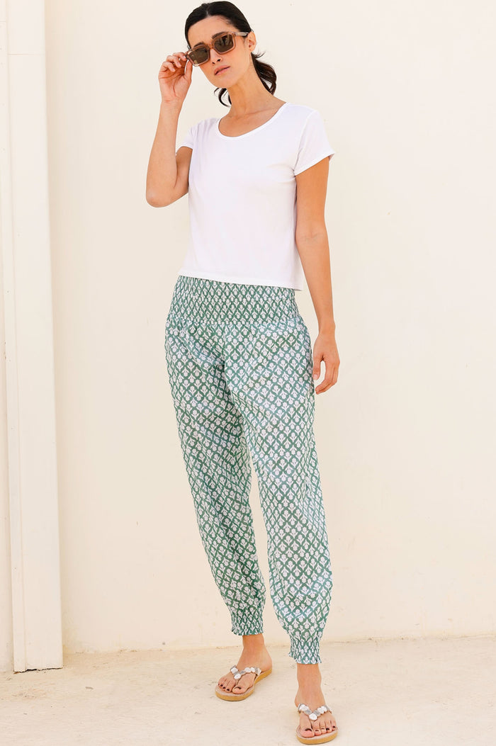 Harem Organic Cotton Trousers | Flower Stamp Sage/White - Aspiga