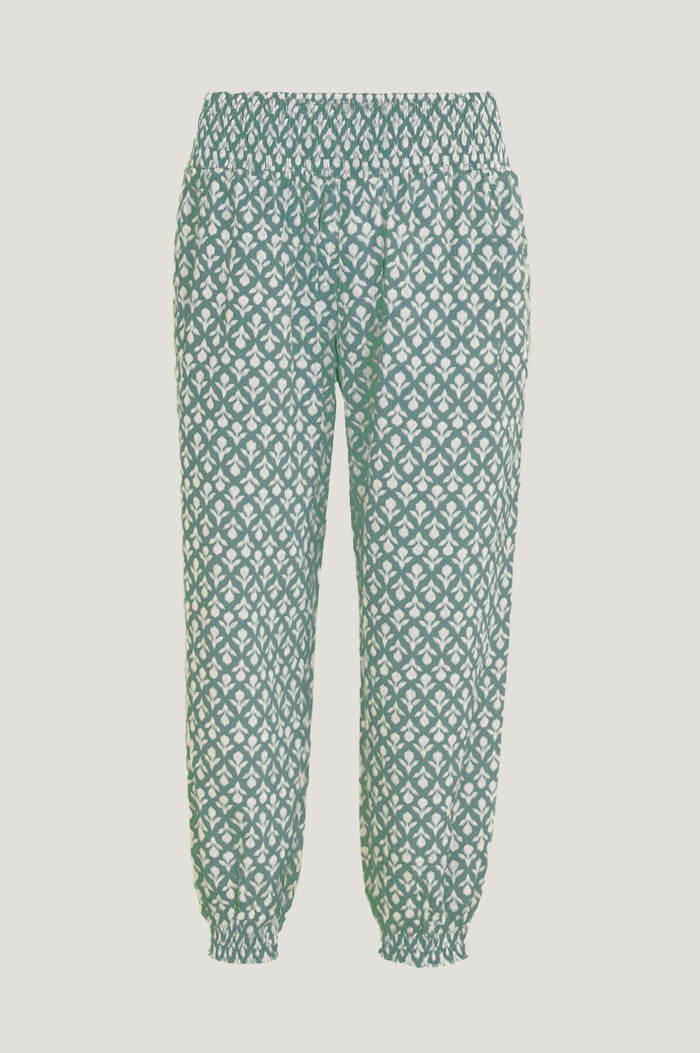 Harem Organic Cotton Trousers | Flower Stamp Sage/White - Aspiga