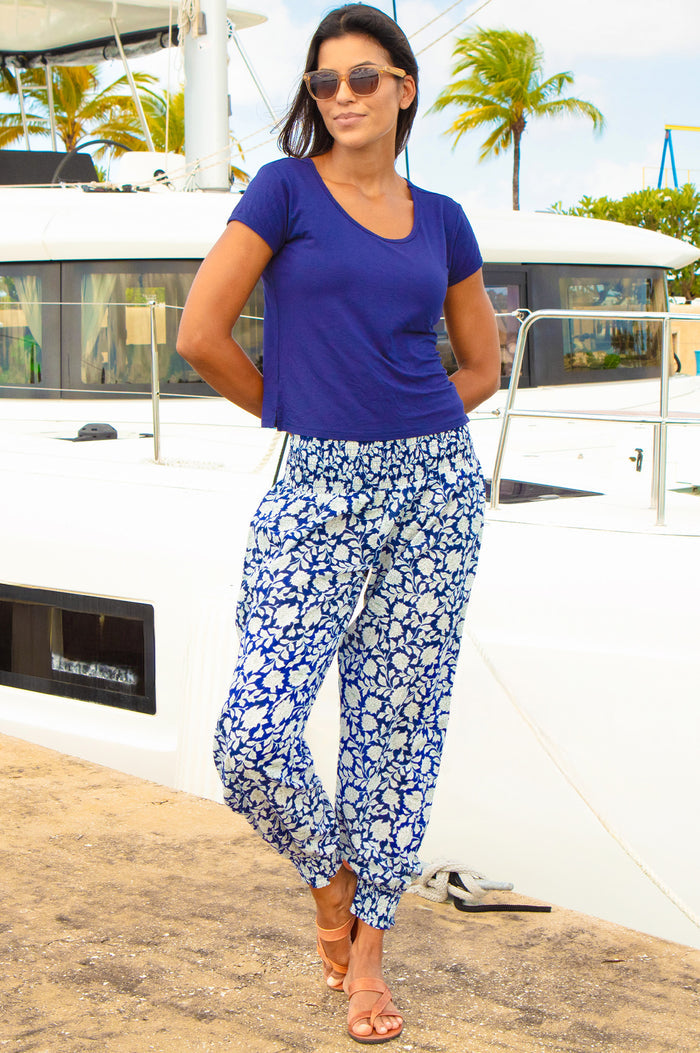 Harem Organic Cotton Trousers | Hibiscus Navy/White - Aspiga