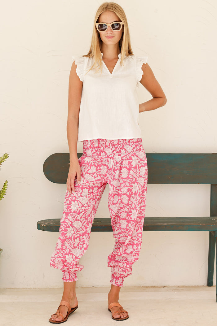Harem Organic Cotton Trousers | Paradise Pink/White - Aspiga
