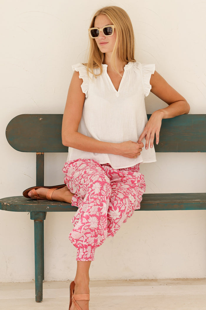 Harem Organic Cotton Trousers | Paradise Pink/White - Aspiga