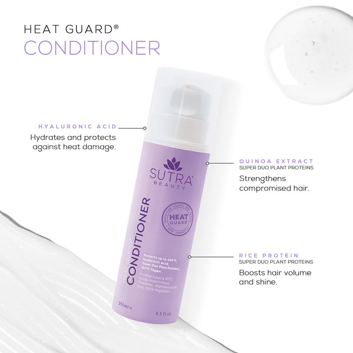 Bottle of Heat Guard Conditioner | SUTRA with callouts highlighting hyaluronic acid for hydration and heat protection, quinoa extract for strengthening, and rice protein for volume and shine.
