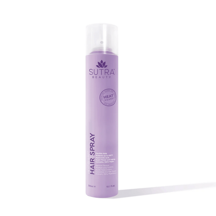 Tall purple spray bottle of Heat Guard Hair Spray | SUTRA with a clear cap on a white background, designed to protect hair from heat damage and styling tools.