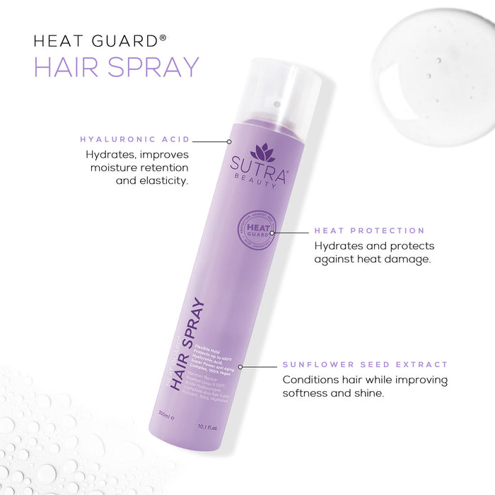Bottle of Heat Guard Hair Spray | SUTRA in lavender packaging with text highlighting hyaluronic acid for hydration and elasticity, heat protection, and sunflower seed extract for softness and shine.