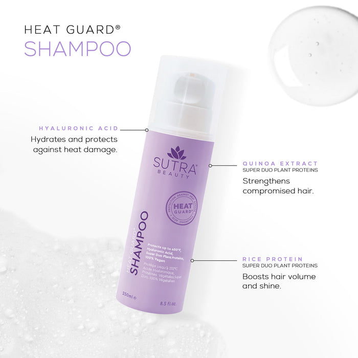 Heat Guard Shampoo | SUTRA bottle displayed with infographic highlighting hyaluronic acid for hydration and heat protection, quinoa extract for strengthening hair, and rice protein for volume and shine.
