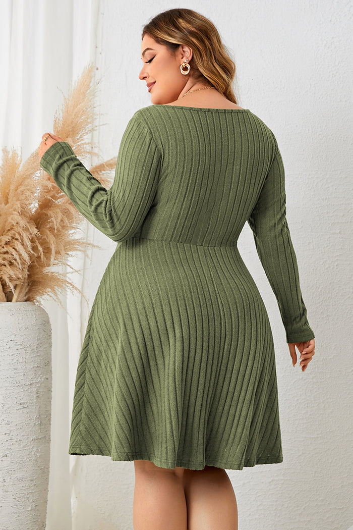 Trendsi long sleeve ribbed plus size dress in olive green with a fitted waist and flared skirt