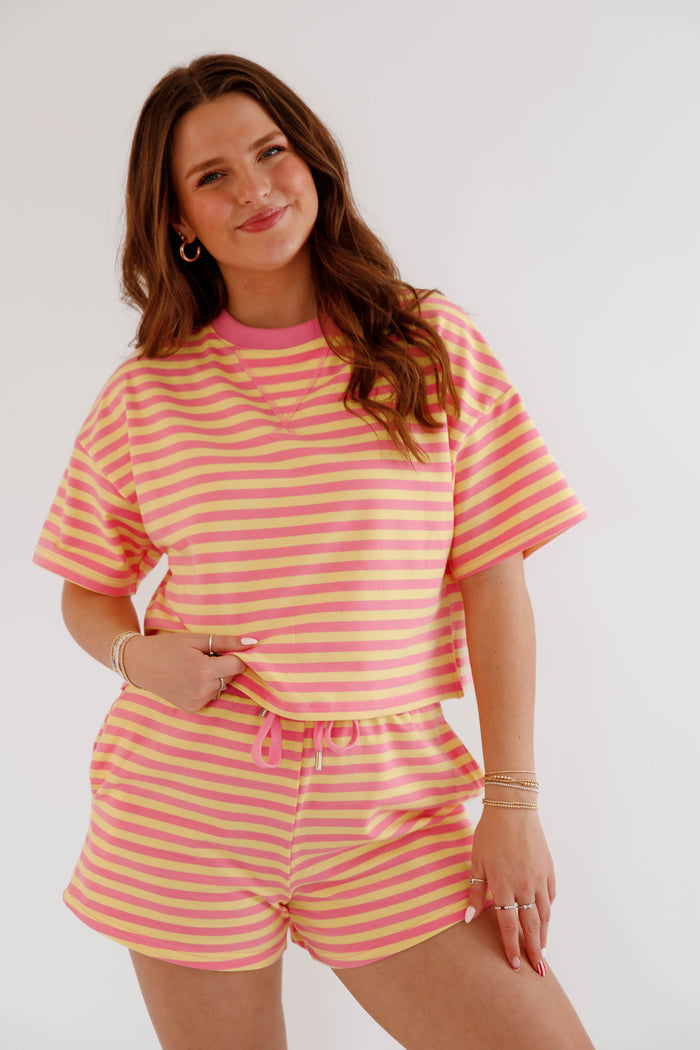 Casual Striped Set- Pink and Yellow Striped Shorts and Top- Day and Moon Striped Set