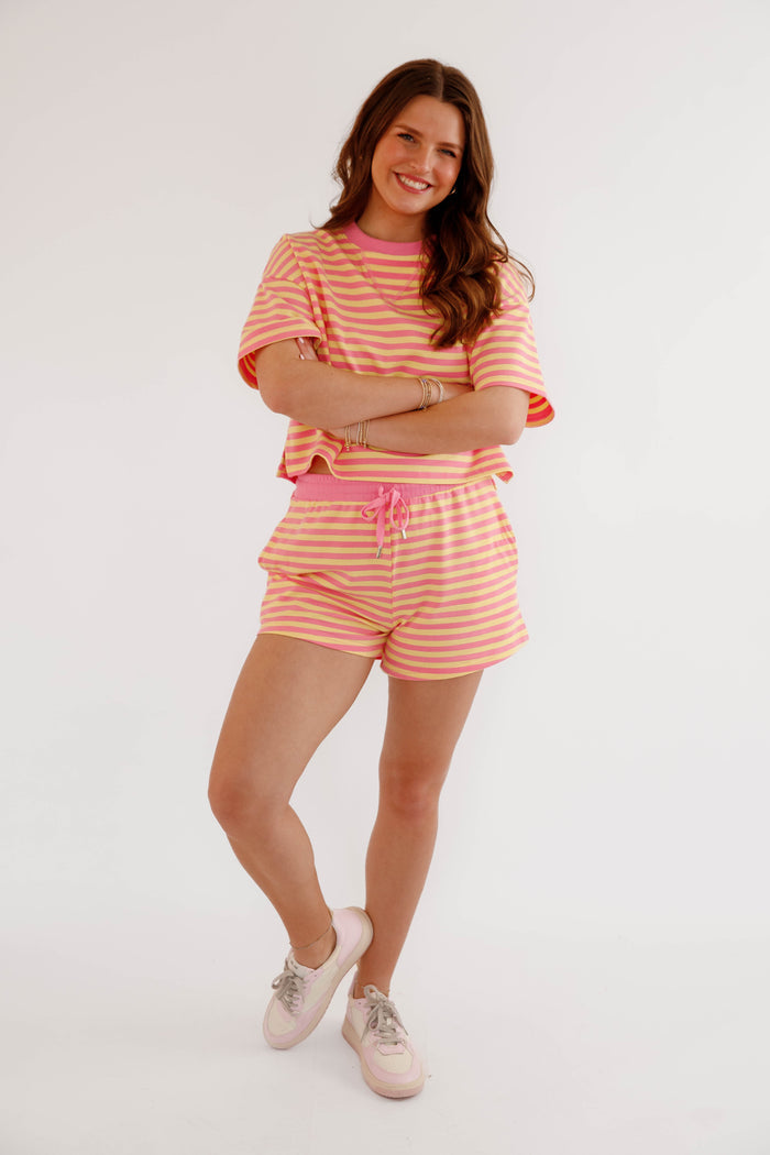 Casual Striped Set- Pink and Yellow Striped Shorts and Top- Day and Moon Striped Set