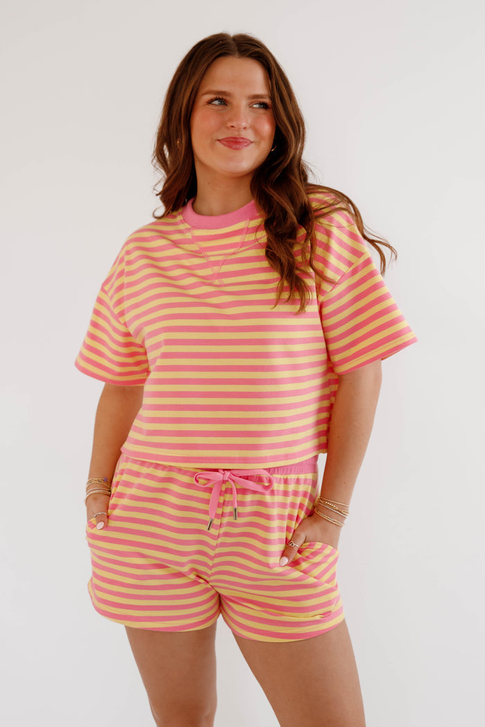 Casual Striped Set- Pink and Yellow Striped Shorts and Top- Day and Moon Striped Set